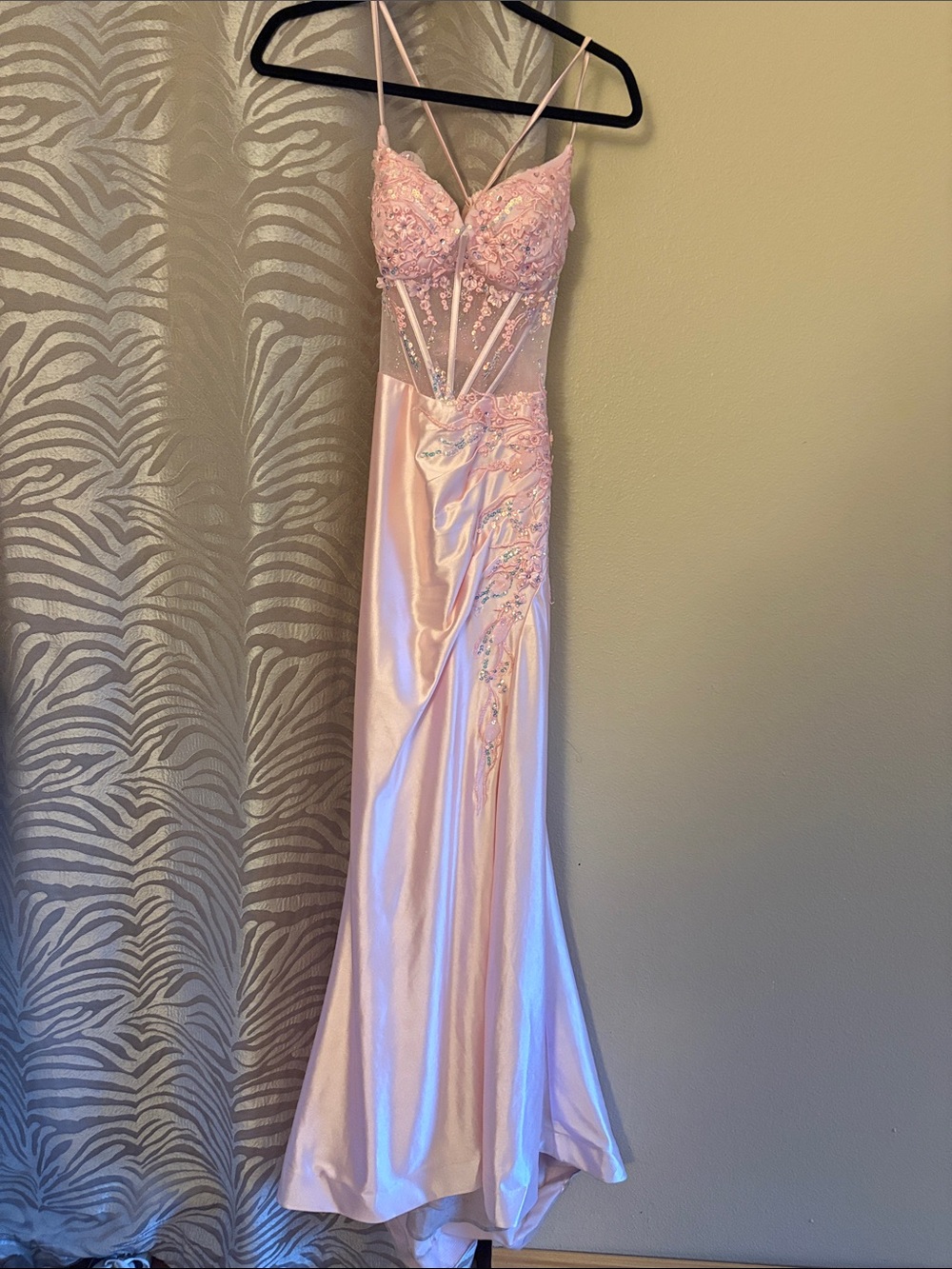 Pink Satin Spaghetti-Strap Prom Gown with Embellished Bodice